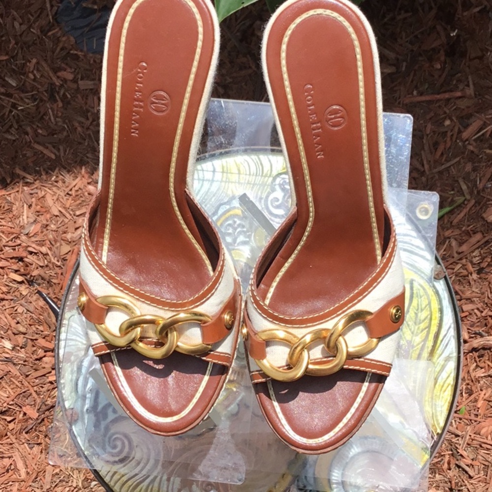 Cole Haan Kina Wedges Natural Linen/Brown leather Sandals - Picture 4 of 15